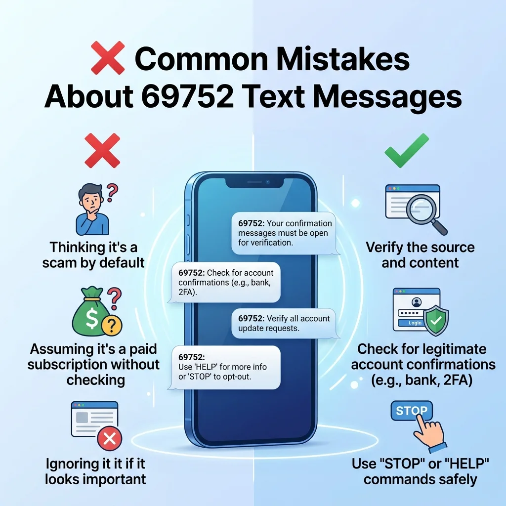 Common mistakes about 69752 text messages, including confusing verification codes with sender numbers and sharing unexpected OTPs