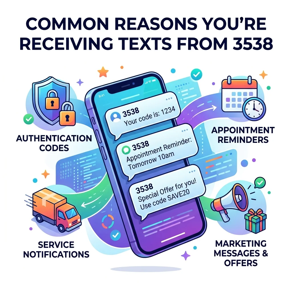 Common reasons for receiving texts from 3538, including SMS alerts, short code messages, and mobile notifications