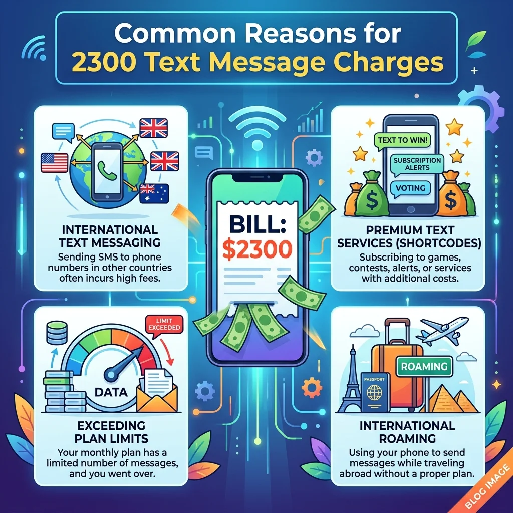 Common reasons for 2300 text message charges, including SMS fees, short code billing, and mobile account charges