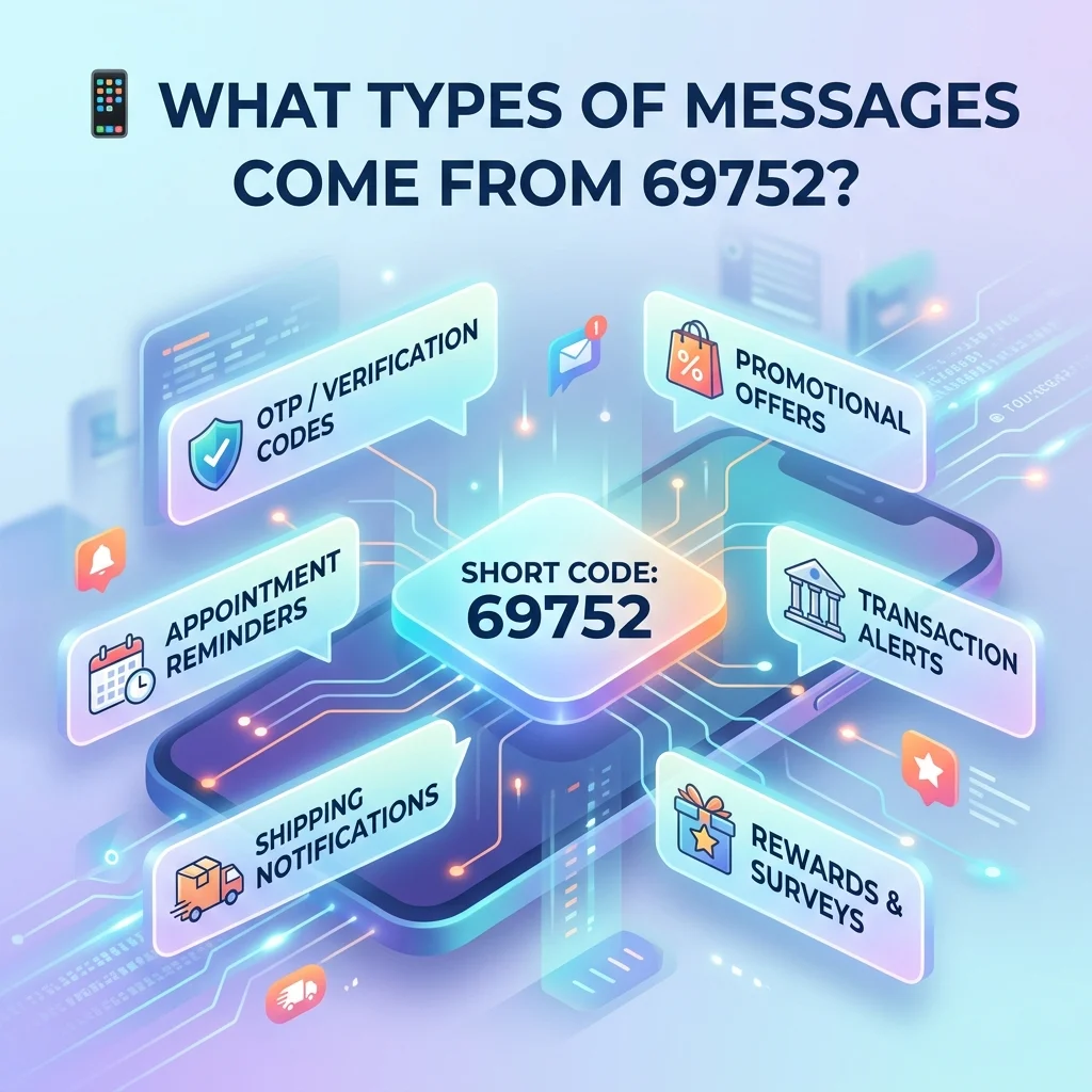 What types of messages come from 69752, including verification codes, account confirmations, OTPs, and security messages