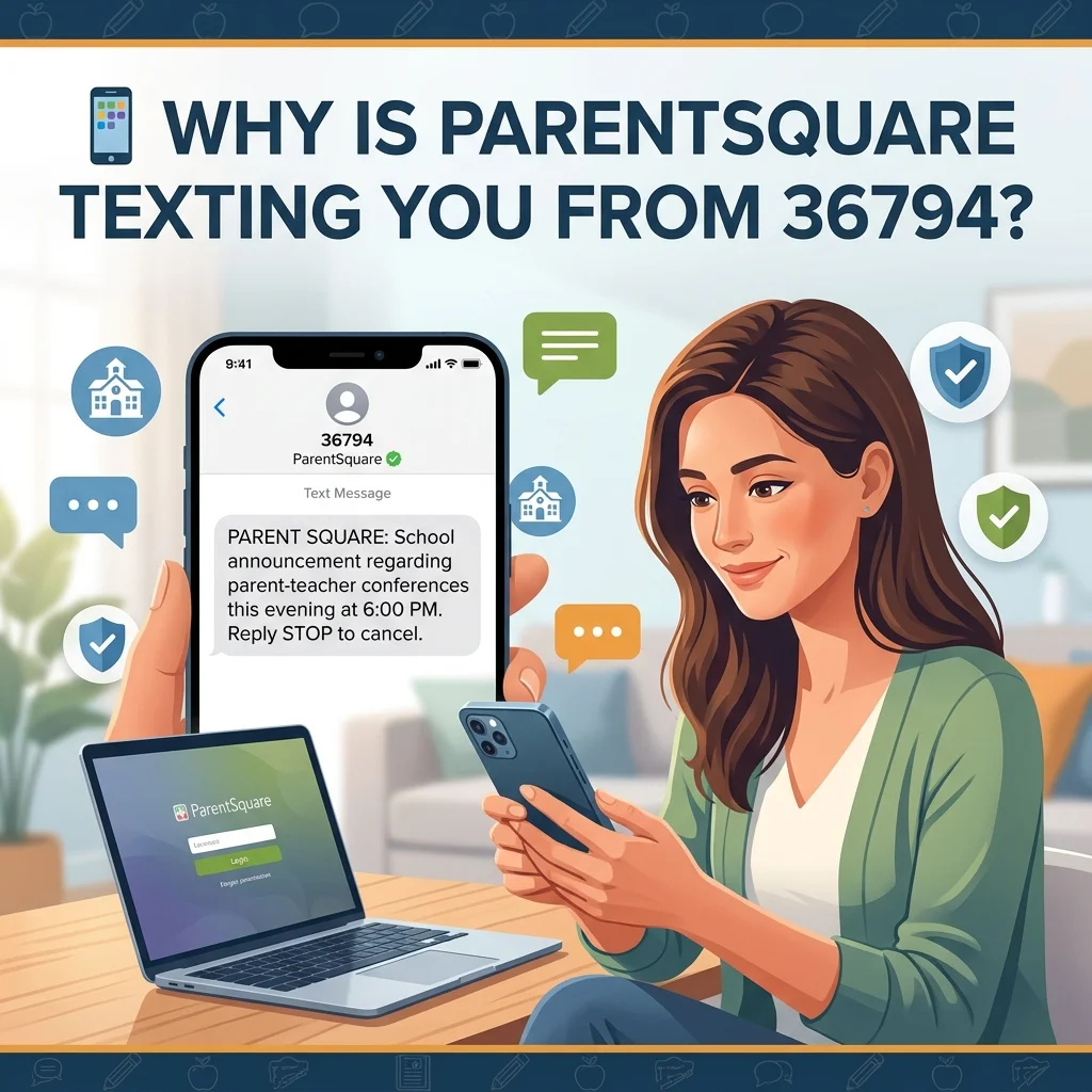 Why ParentSquare sends text messages from 36794, including school alerts, district updates, digests, and important notifications