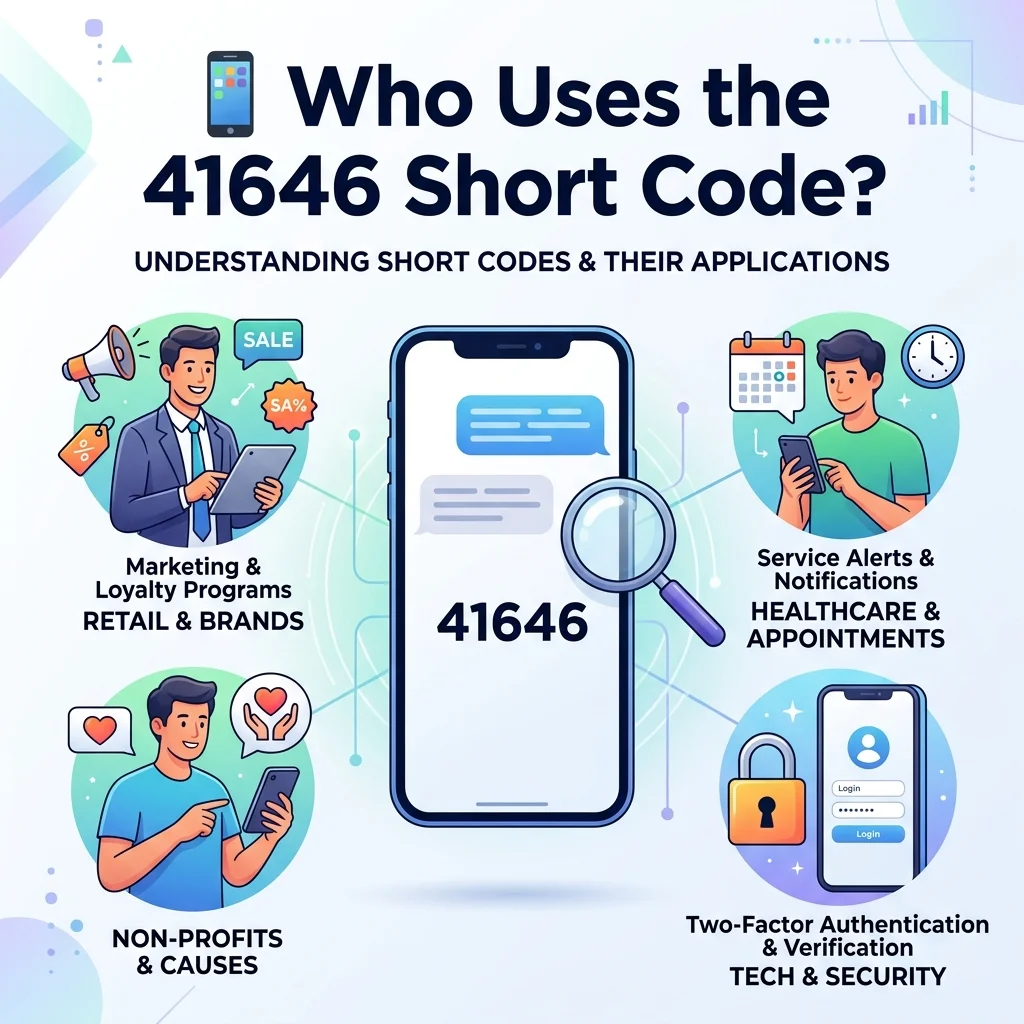 Who uses the 41646 short code, including Walmart Health & Wellness alerts, customer notifications, and SMS messages